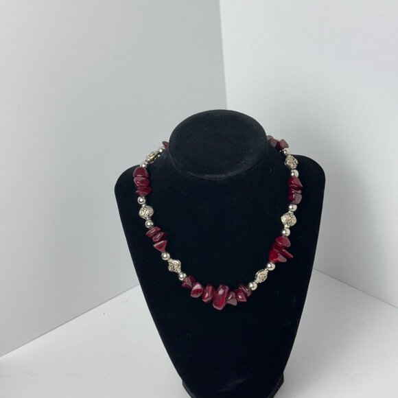 I Silver Red Garnet Beaded Necklace 7.5" Toggle Clasp Fashion Jewelry - Picture 4 of 16